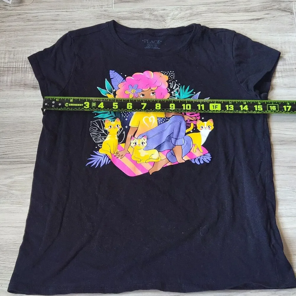 The Children's Place Cat Graphic Tee Girls XL 14 Black Cute Kitty Tropical Shirt